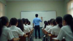 The image shows a classroom with a group of students sitting at desks. The desks are arranged in rows, and the students are wearing white shirts. In the center of the classroom, there is a blackboard with a teacher standing in front of it. The teacher writes on the board and appears to be explaining something to the students. Typical elementary school in Costa Rica.